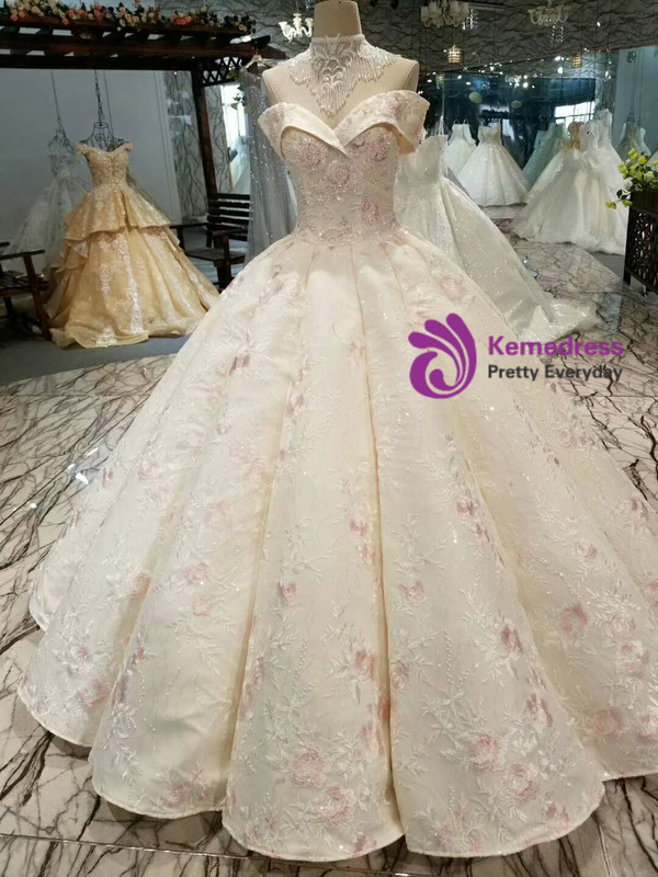 Champagne Ball Gown Pink Embroidery Appliques off The Shoulder Beading Wedding Dress
