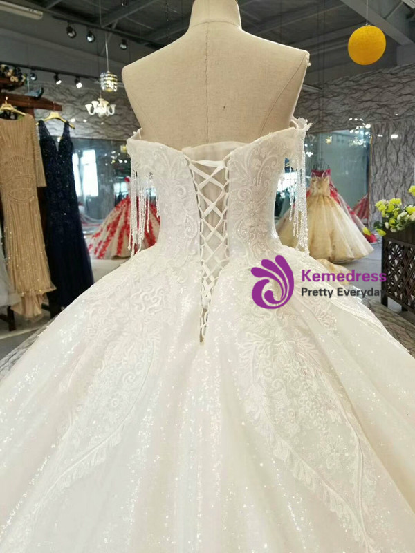 White Ball Gown Sequins Lace Appliques Off The Shoulder Wedding Dress With Beading