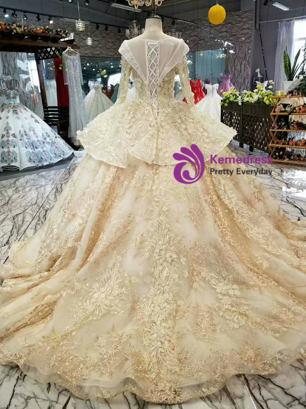 Champagne Tulle Lace Appliques Bateau Long Sleeve Wedding Dress With Beading