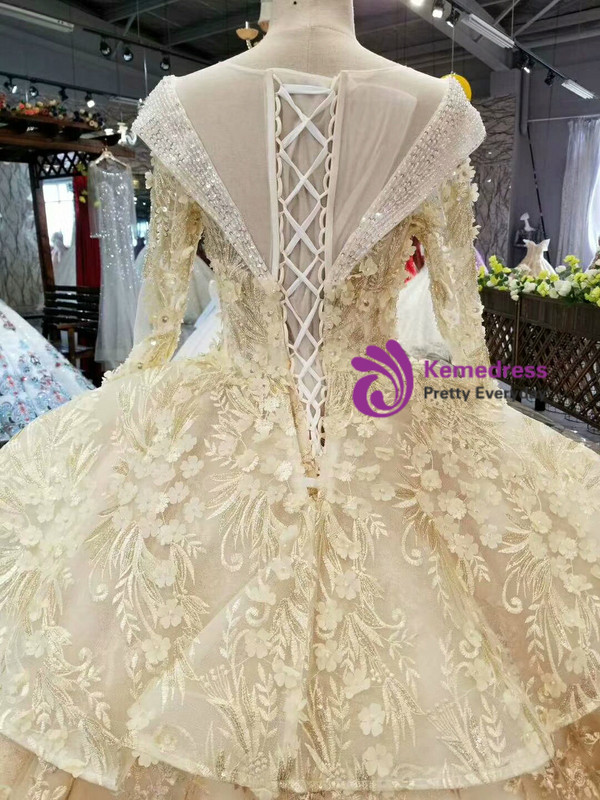 Champagne Tulle Lace Appliques Bateau Long Sleeve Wedding Dress With Beading