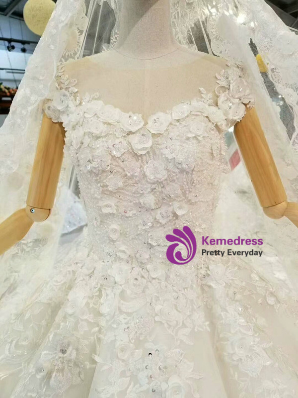 Ball Gown Tulle Appliques Bateau Cap Sleeve Wedding Dress With Beading