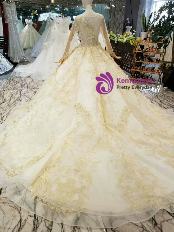 Champagne Tulle Appliques Bateau Long SLeeve Wedding Dress With Beading