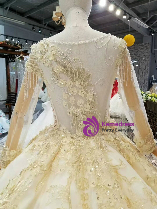Champagne Tulle Appliques Bateau Long SLeeve Wedding Dress With Beading
