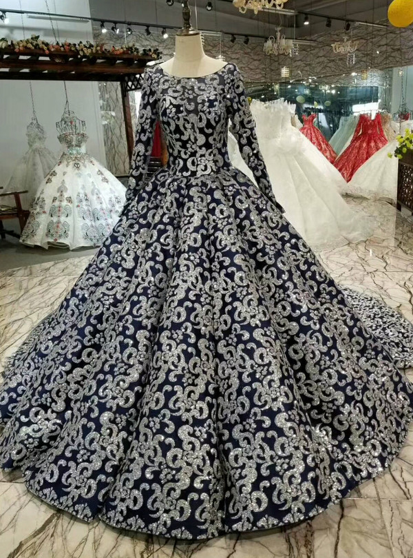Navy Blue Ball Gown Sequins Bateau Long Sleeve Wedding Dress