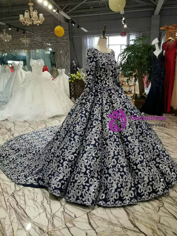 Navy Blue Ball Gown Sequins Bateau Long Sleeve Wedding Dress
