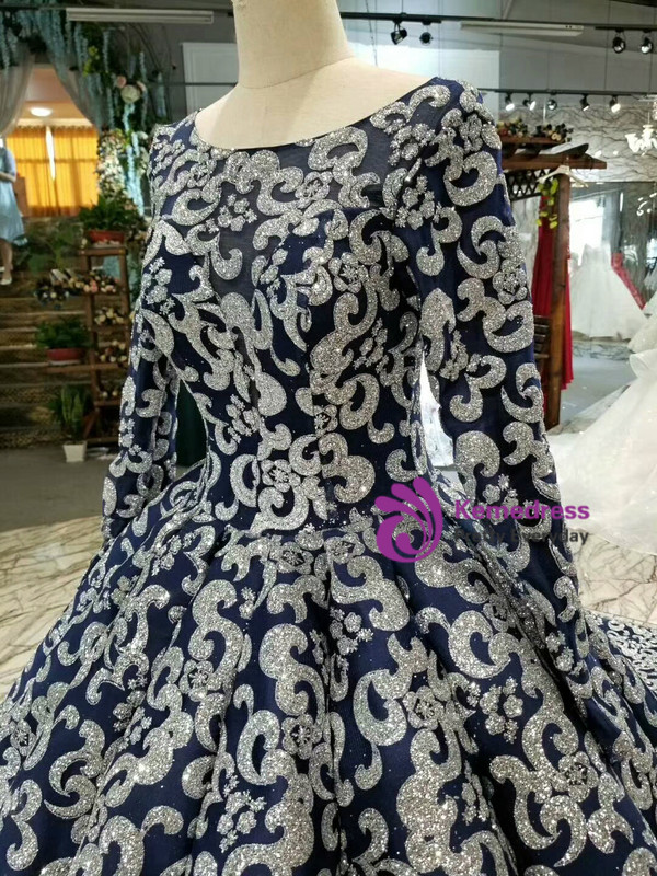 Navy Blue Ball Gown Sequins Bateau Long Sleeve Wedding Dress