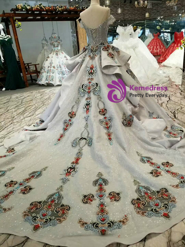 Silver Gray Tulle Satin Sequins Embroidery Appliques Off The Shoulder Wedding Dress