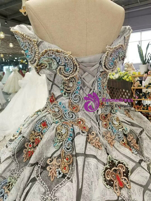 Gray Ball Gown Embroidery Beading Off The Shoulder Wedding Dress