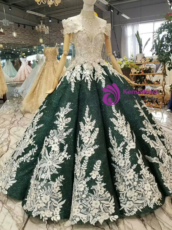 Dark Green Sequins Appliques Off The Shoulder Wedding Dress With Beading