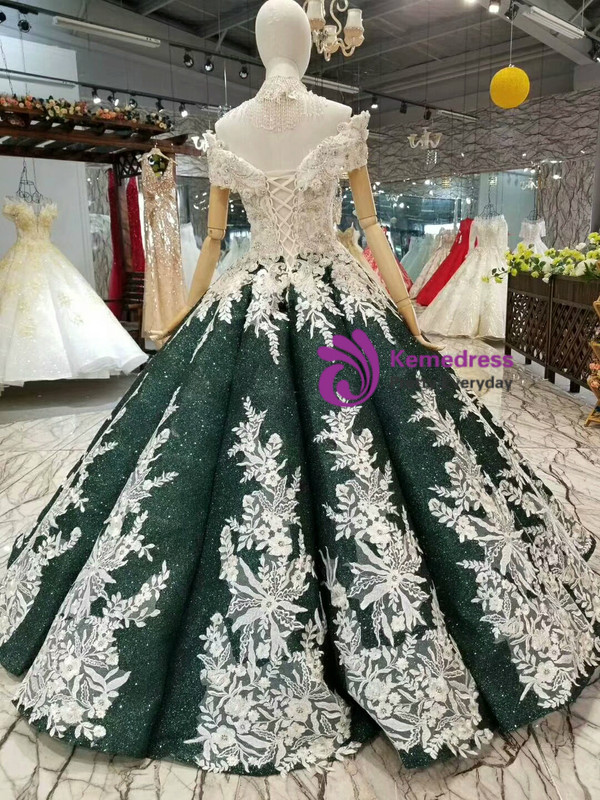 Dark Green Sequins Appliques Off The Shoulder Wedding Dress With Beading