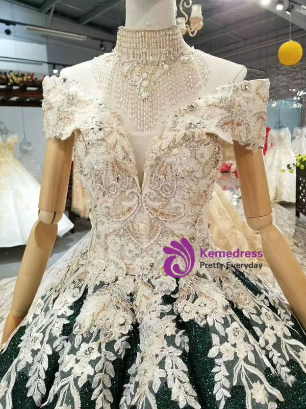 Dark Green Sequins Appliques Off The Shoulder Wedding Dress With Beading
