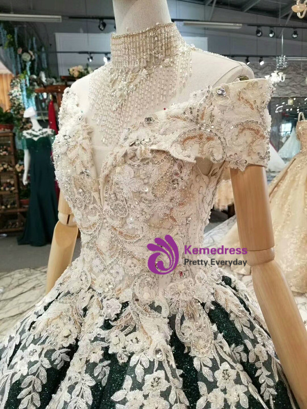 Dark Green Sequins Appliques Off The Shoulder Wedding Dress With Beading