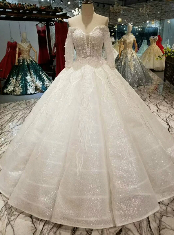 White Ball Gown Sequins Lace Appliques Off The Shoulder Long Sleeve  Wedding Dress