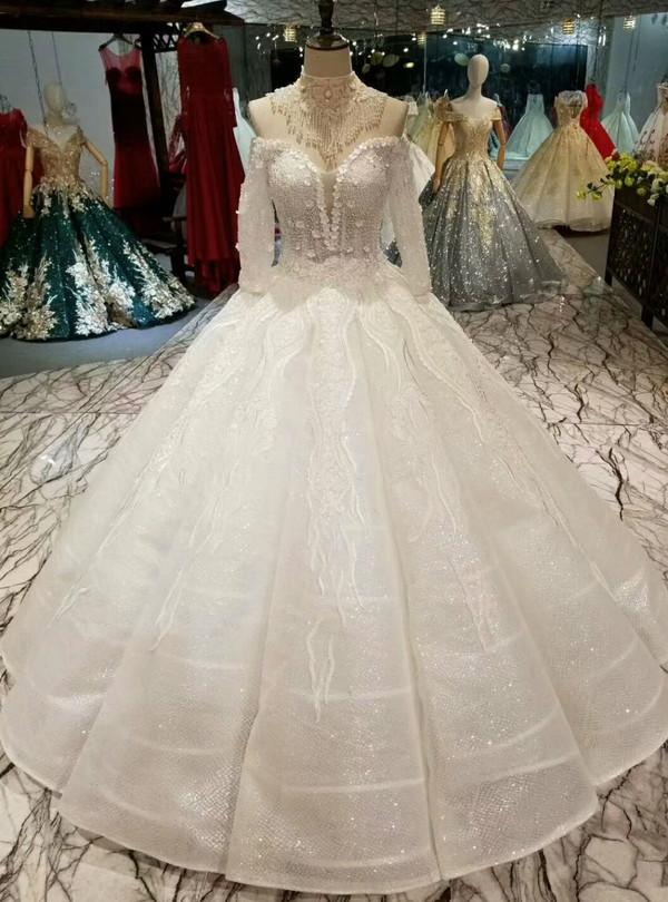 White Ball Gown Sequins Lace Appliques Off The Shoulder Long Sleeve  Wedding Dress