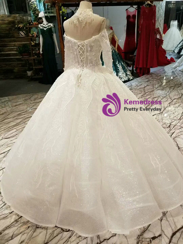 White Ball Gown Sequins Lace Appliques Off The Shoulder Long Sleeve  Wedding Dress