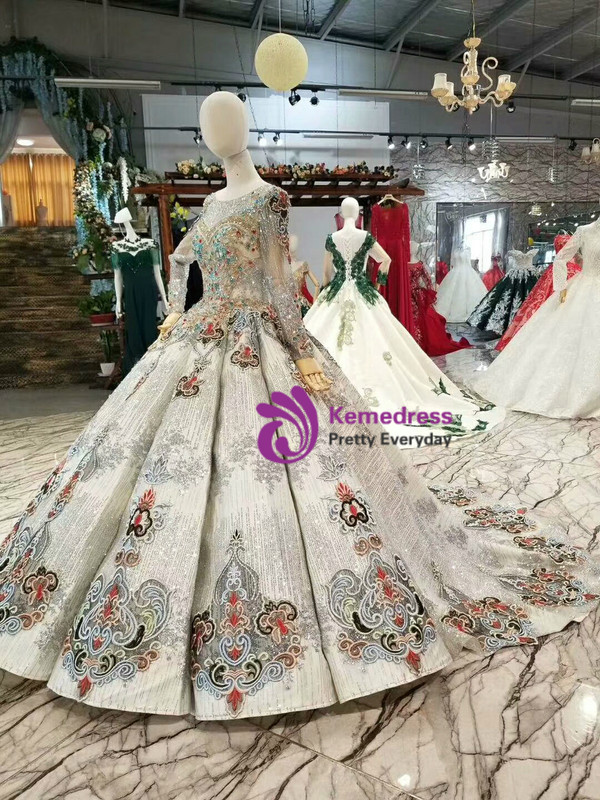 Silver Gray Sequins Long Sleeve Backless Embroidery Colorful Crystal Wedding Dress