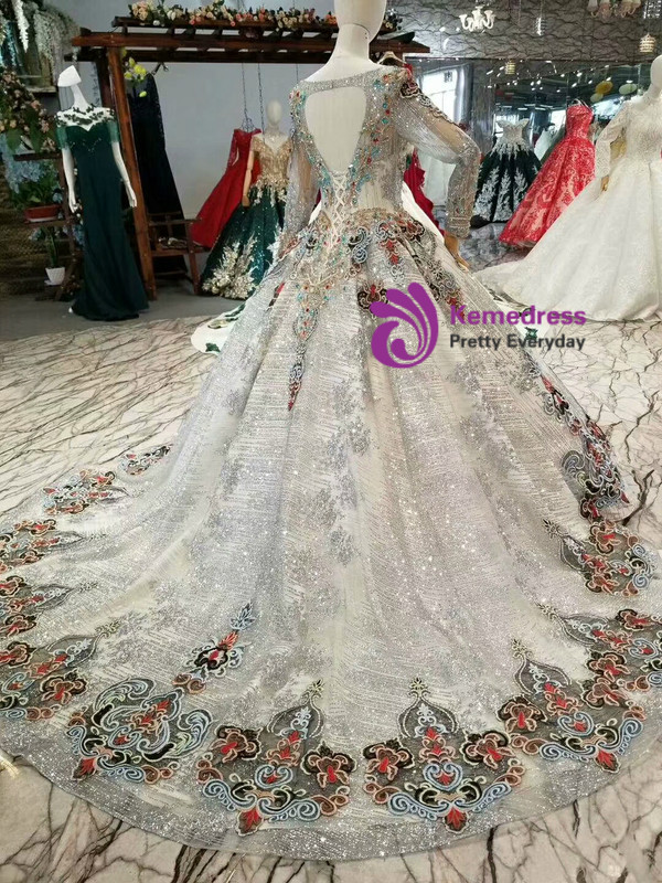 Silver Gray Sequins Long Sleeve Backless Embroidery Colorful Crystal Wedding Dress
