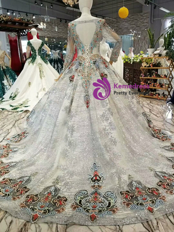 Silver Gray Sequins Long Sleeve Backless Embroidery Colorful Crystal Wedding Dress