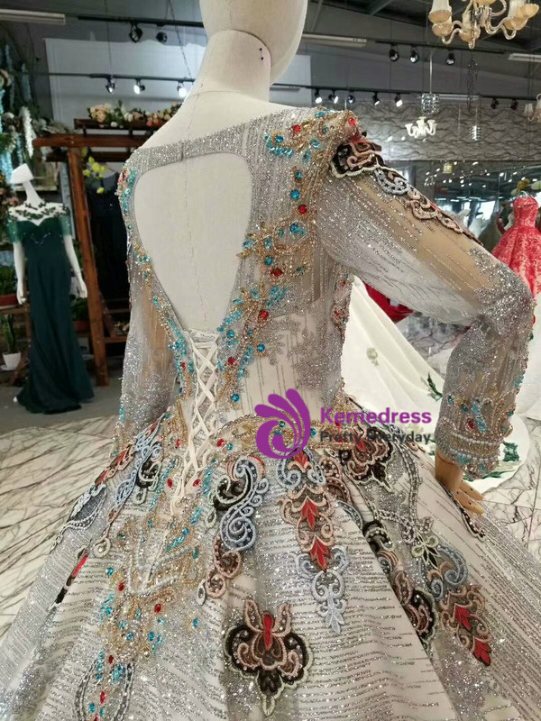 Silver Gray Sequins Long Sleeve Backless Embroidery Colorful Crystal Wedding Dress