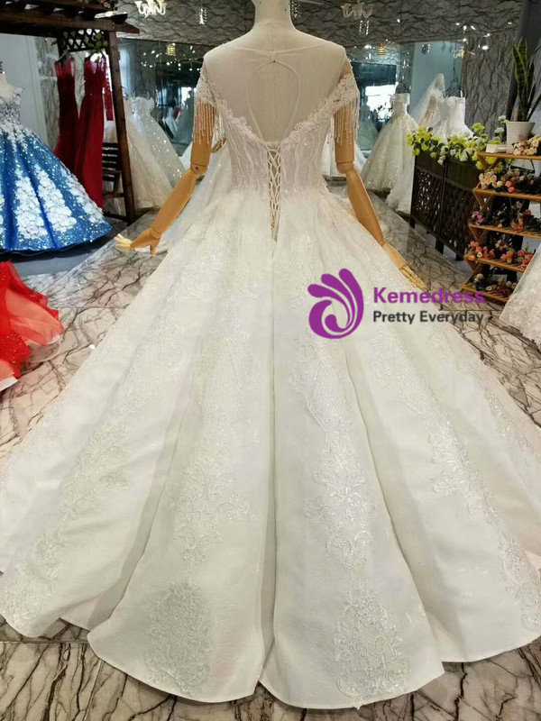 White Ball Gown Satin Backless Cap Sleeve Appliques Wedding Dress With Beading