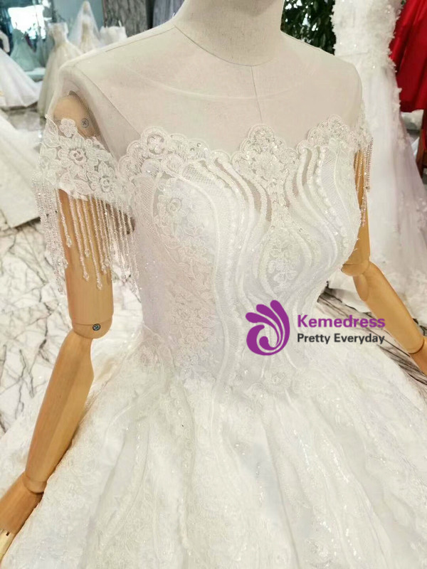 White Ball Gown Satin Backless Cap Sleeve Appliques Wedding Dress With Beading