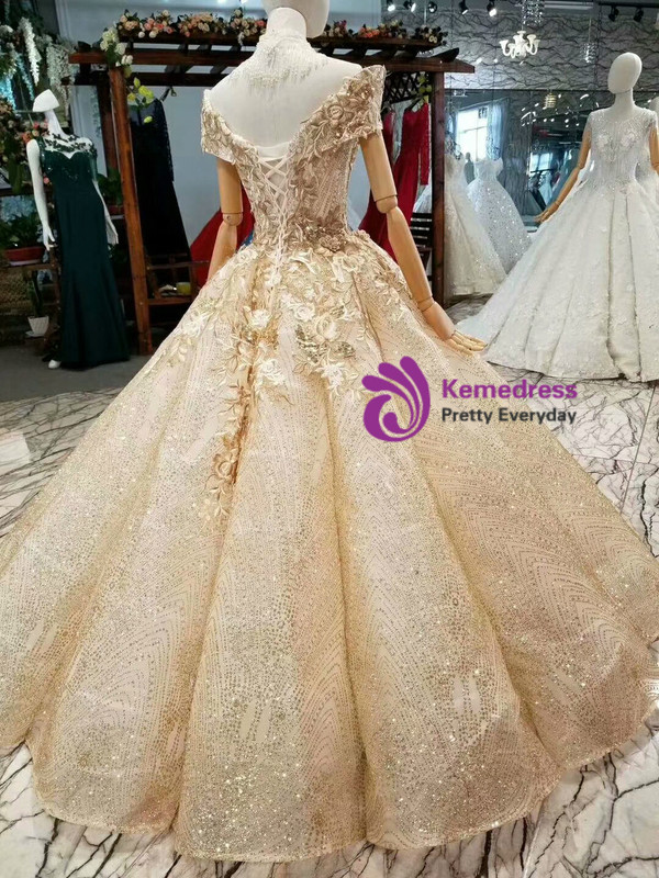 Champagne Gold Sequins Bling Bling Appliques Off The Shoulder Wedding Dress