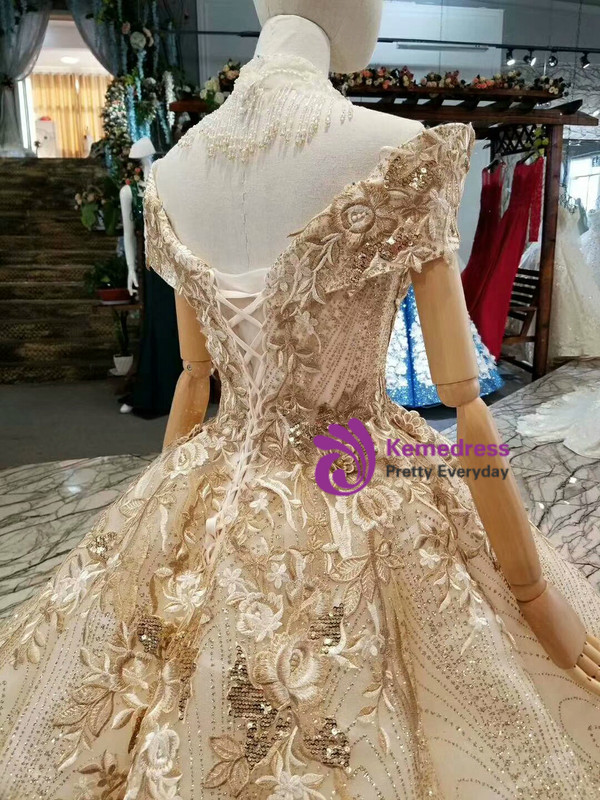 Champagne Gold Sequins Bling Bling Appliques Off The Shoulder Wedding Dress