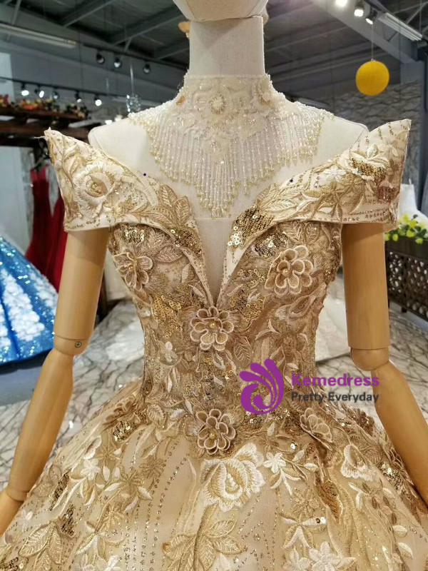 Champagne Gold Sequins Bling Bling Appliques Off The Shoulder Wedding Dress