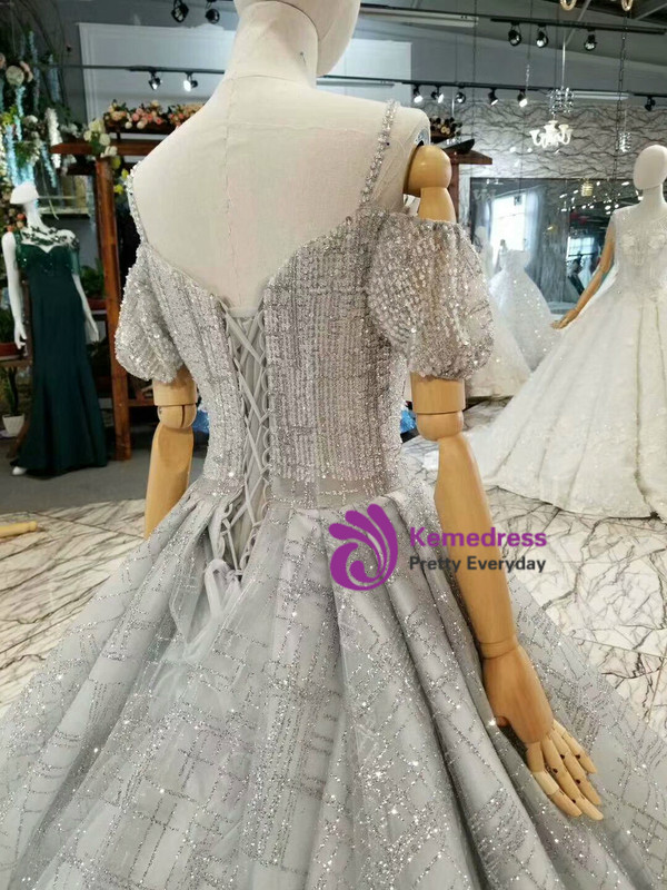 Silver Gray Tulle Sequins Spaghetti Straps Puff Sleeve Wedding Dress With Beading