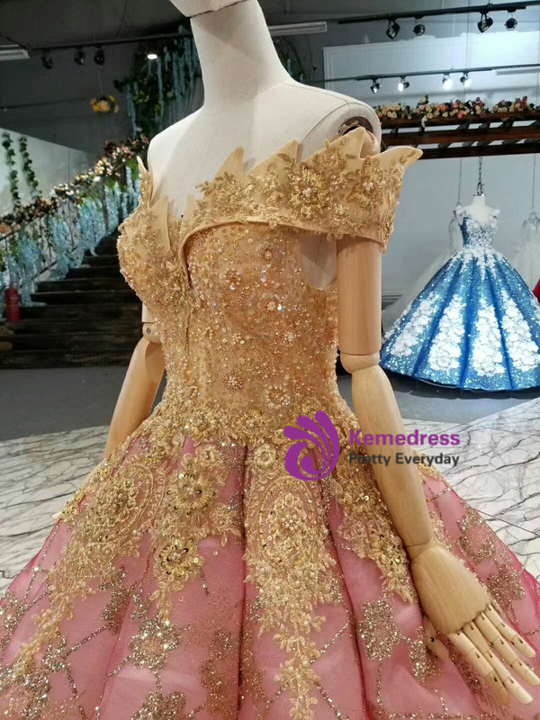 Pink Gold Ball Gown Sequins Appliques Off The Shoulder Wedding Dress With Beading
