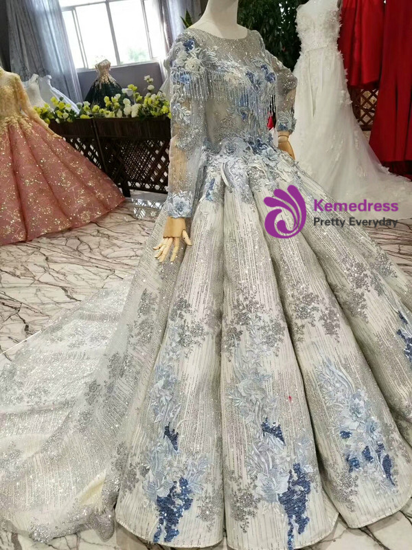 Silver Gray Sequins And Blue Appliques Long Sleeve Backless Wedding Dress