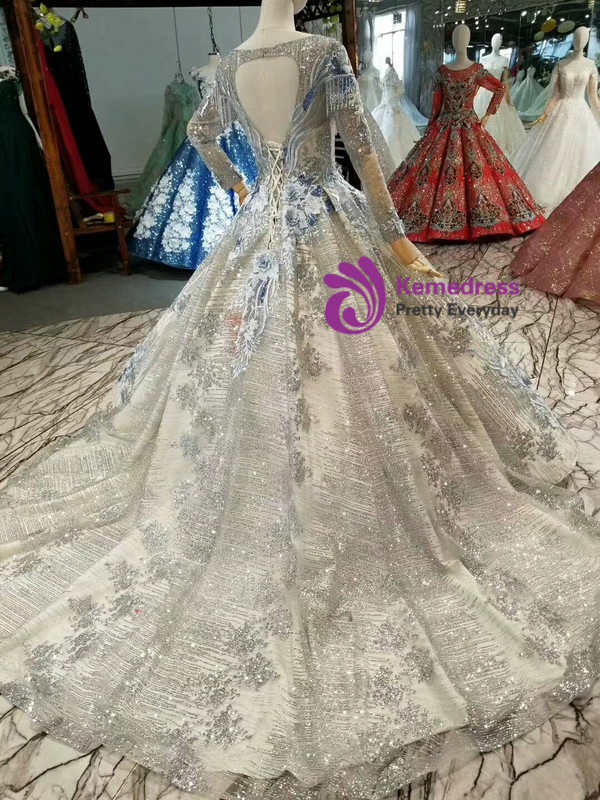 Silver Gray Sequins And Blue Appliques Long Sleeve Backless Wedding Dress