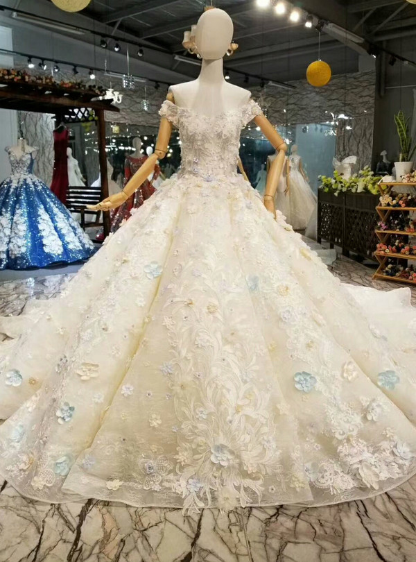 Light Champagne Ball Gown Colorful Appliques Off The Shoulder Wedding Dress