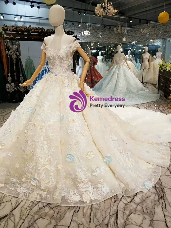 Light Champagne Ball Gown Colorful Appliques Off The Shoulder Wedding Dress