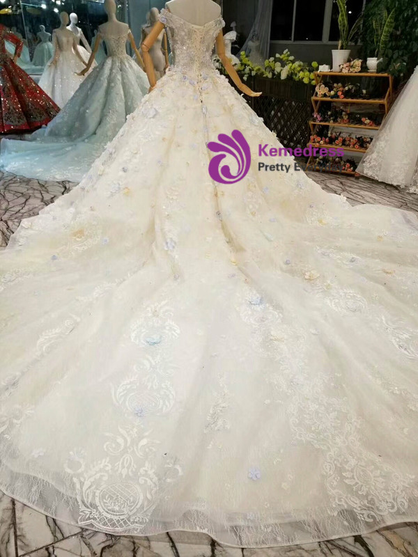 Light Champagne Ball Gown Colorful Appliques Off The Shoulder Wedding Dress