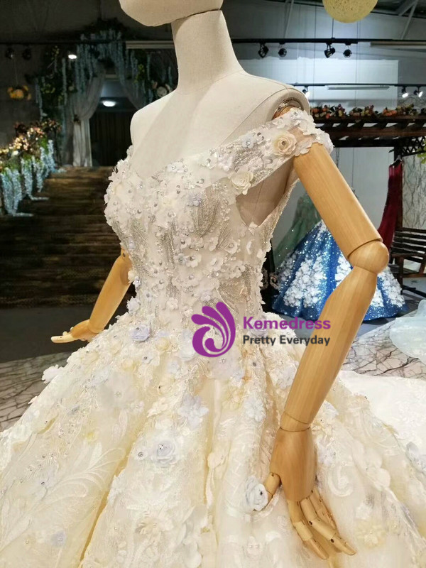 Light Champagne Ball Gown Colorful Appliques Off The Shoulder Wedding Dress