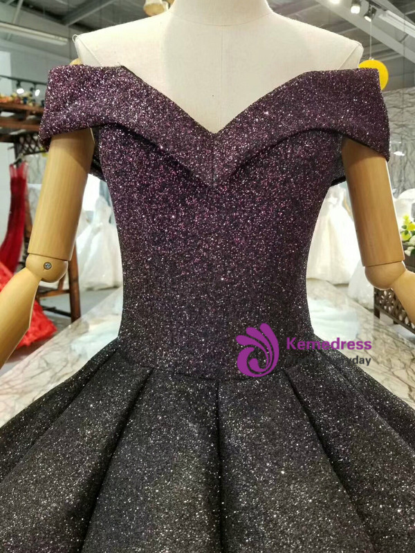 Purple Ball Gown Sequins Off The Shoulder Floor Length Wedding Dress