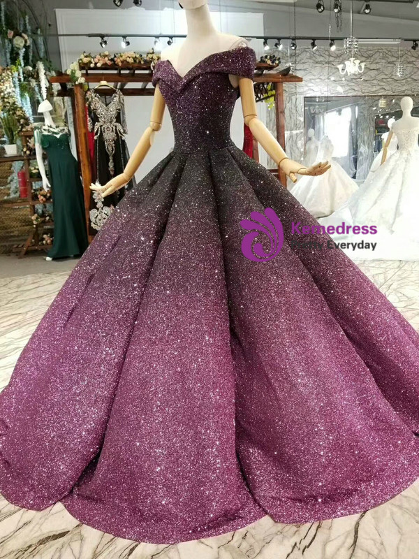 Purple Ball Gown Sequins Off The Shoulder Floor Length Wedding Dress