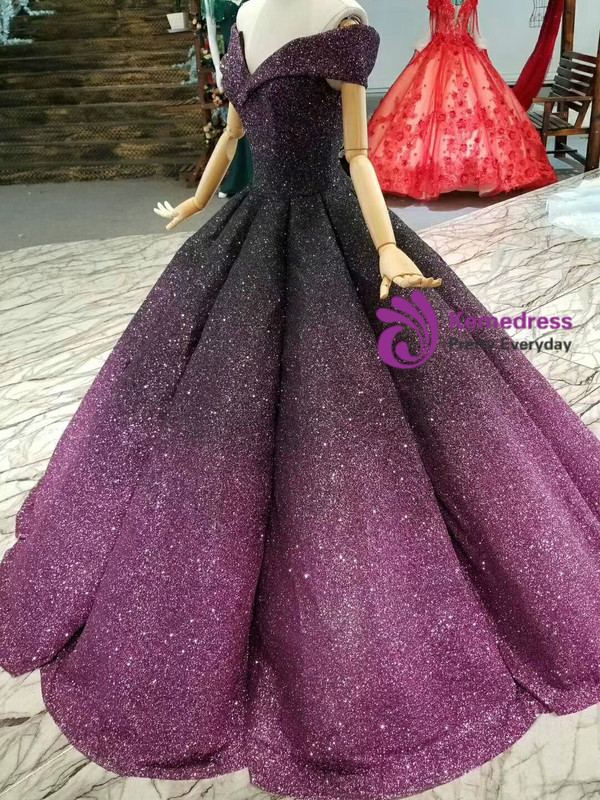 Purple Ball Gown Sequins Off The Shoulder Floor Length Wedding Dress