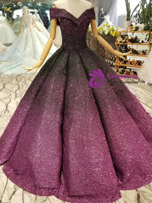 Purple Ball Gown Sequins Off The Shoulder Floor Length Wedding Dress