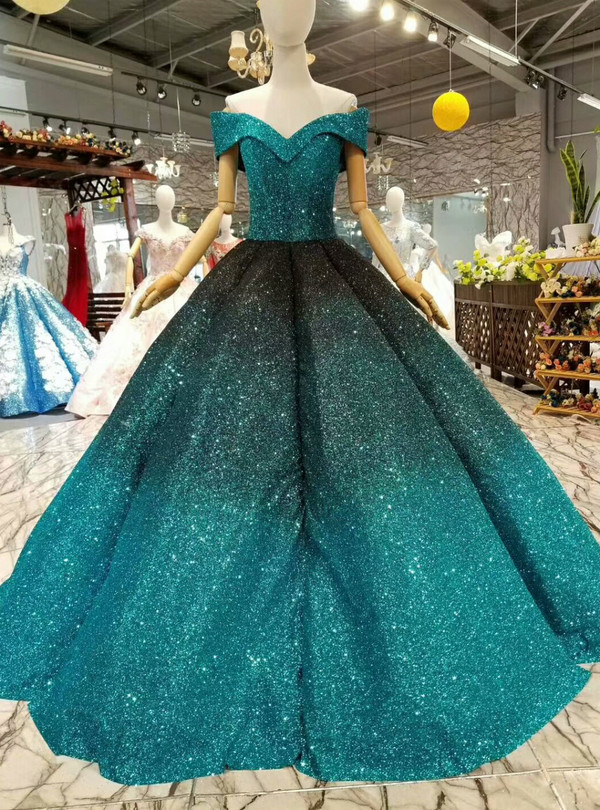 Blue Ball Gown Sequins Off The Shoulder Floor Length Wedding Dress
