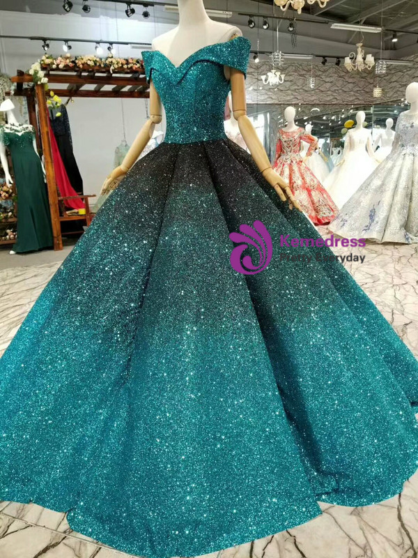 Blue Ball Gown Sequins Off The Shoulder Floor Length Wedding Dress
