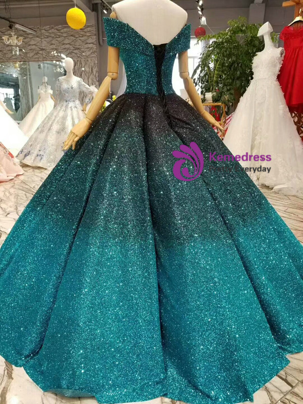 Blue Ball Gown Sequins Off The Shoulder Floor Length Wedding Dress