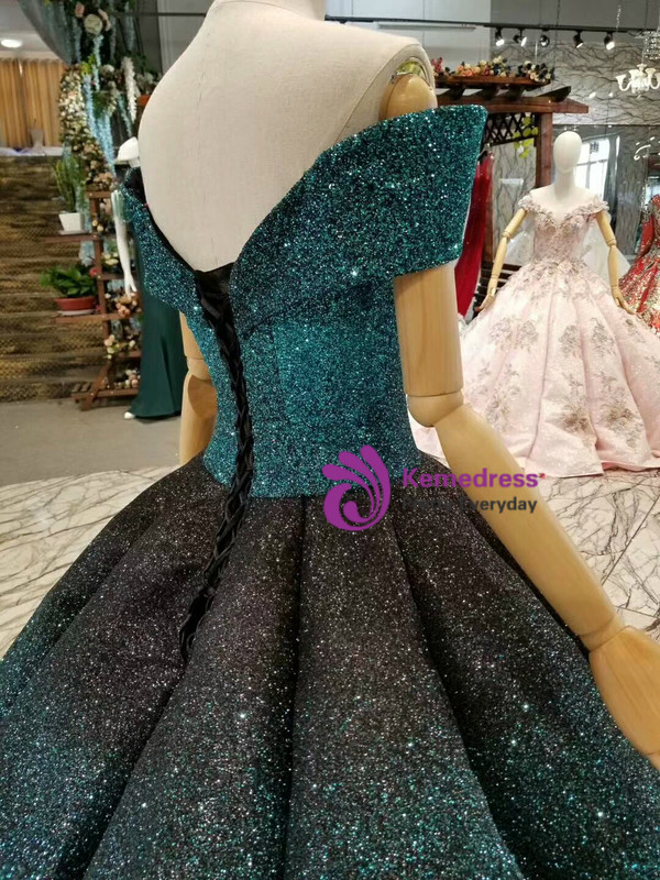 Blue Ball Gown Sequins Off The Shoulder Floor Length Wedding Dress