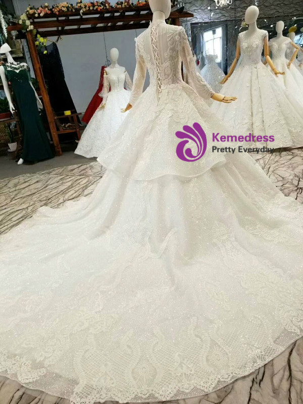 White Ball Gown Sequins Lace Appliques High Neck Long Sleeve Wedding Dress