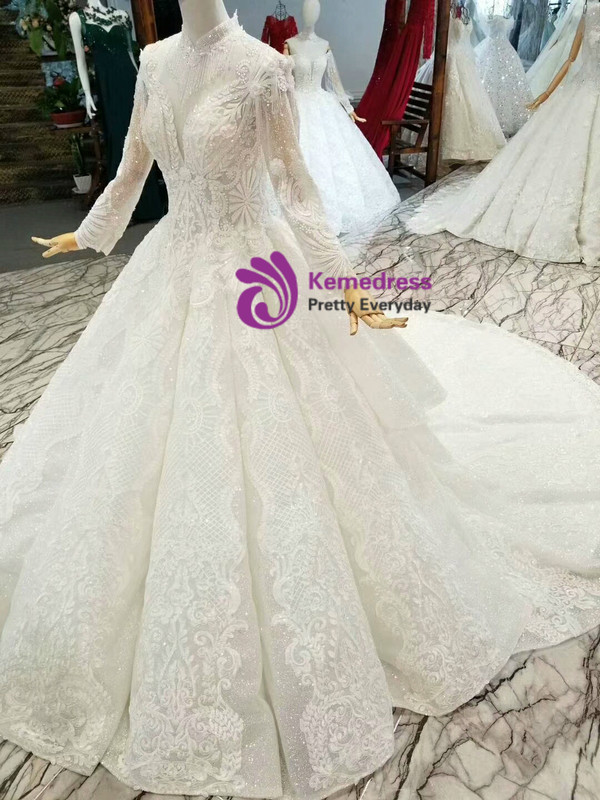 White Ball Gown Sequins Lace Appliques High Neck Long Sleeve Wedding Dress