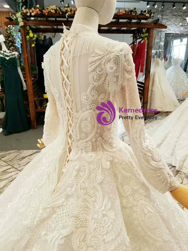 White Ball Gown Sequins Lace Appliques High Neck Long Sleeve Wedding Dress