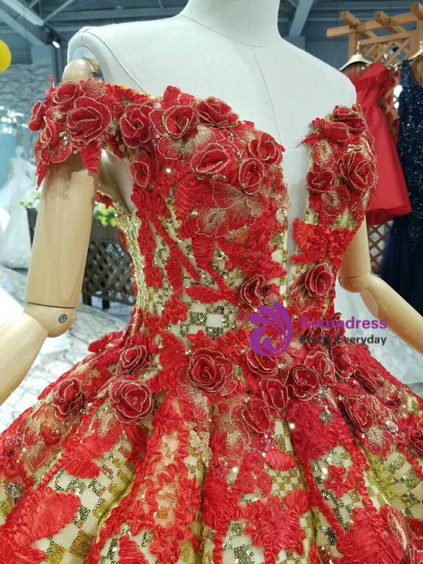 Gold Ball Gown Sequins And Red Appliques Off The Shoulder Wedding Dress