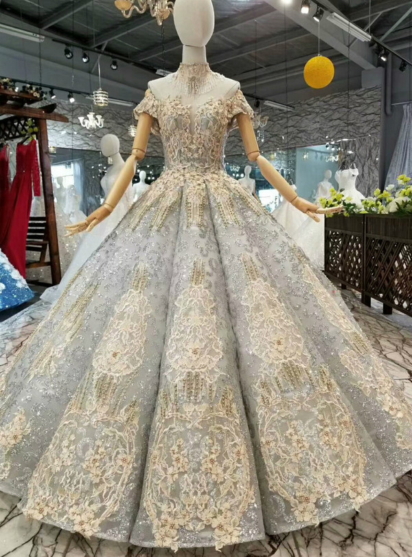 Silver Gray Sequins Champagne Appliques Off The Shoulder Wedding Dress