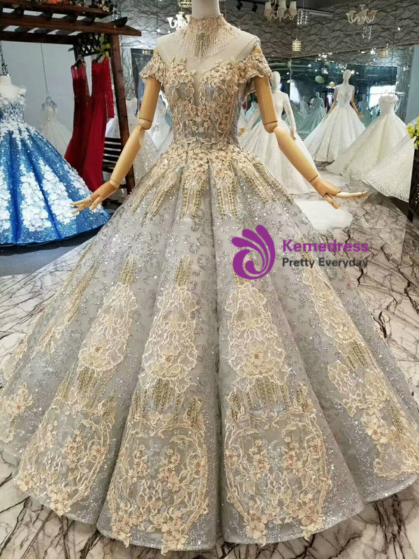 Silver Gray Sequins Champagne Appliques Off The Shoulder Wedding Dress